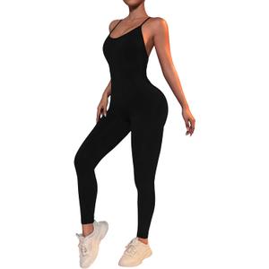 Women's Sleeveless Backless V-Neck Sexy Workout Jumpsuit (Medium, 1black)