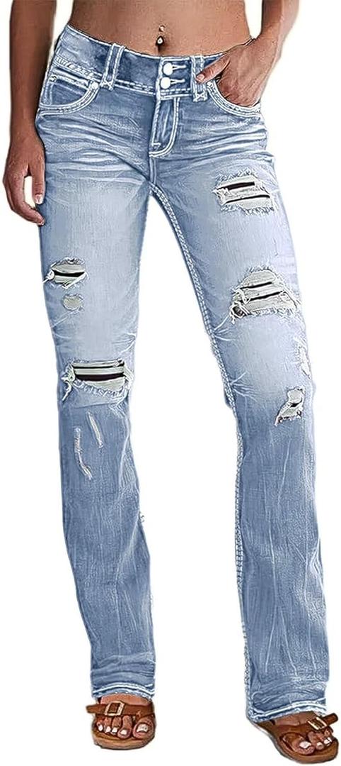 Flamingals Distressed Bootcut Jeans for Women Low Rise Jeans Ripped Flare Jeans Denim Pants XS