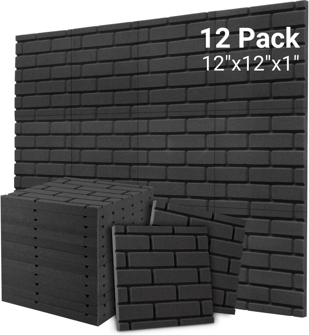 Sound Proof Foam Panels, Brick Shaped Soundproof Wall Panels, 12 Pack 12"x12"x1" Sound Absorbing & Dampening Foam Panels for Walls, Room, Studio, Podcast, Acoustic Treatment