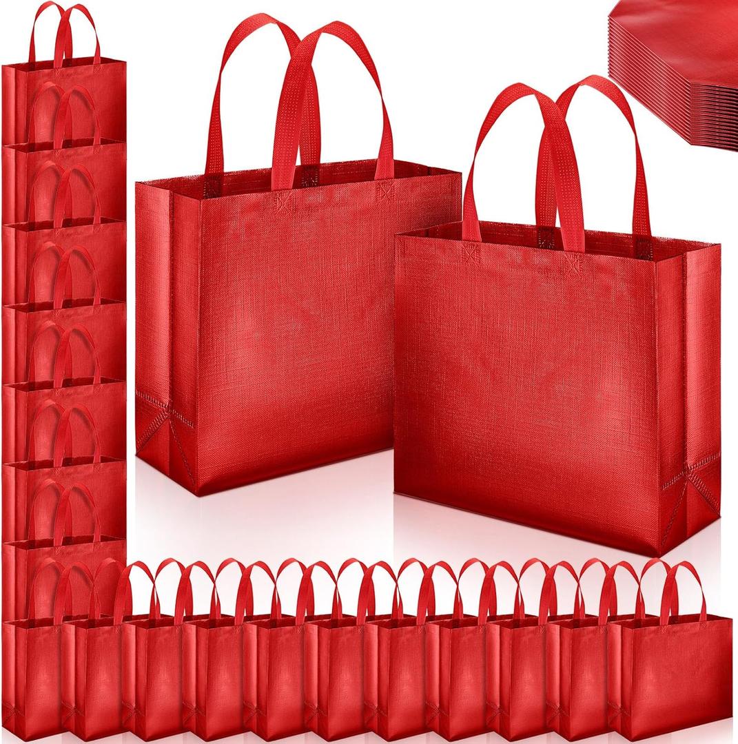 Epakh 48 Pcs Reusable Gift Bag with Handle Reusable Gold Grocery Tote Gift Bag Bulk Non Woven Glossy Bridesmaid Tote for Wedding Christmas Baby Shower Birthday Party(Red)