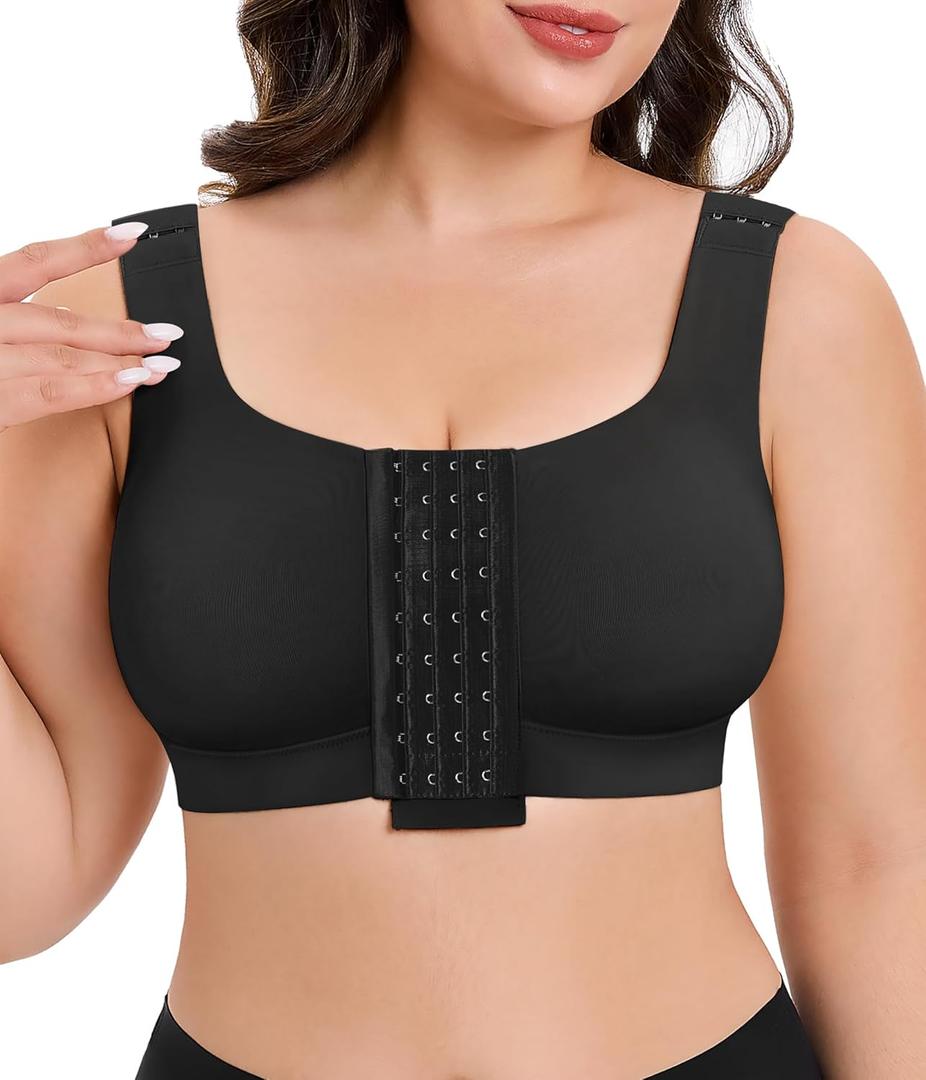 CYDREAM Wireless Front Closure Bra for Women Compression Back Smoothing Post Surgery Bra Adjustable Straps (US, Alpha, 3X-Large, Regular, Regular, Black)