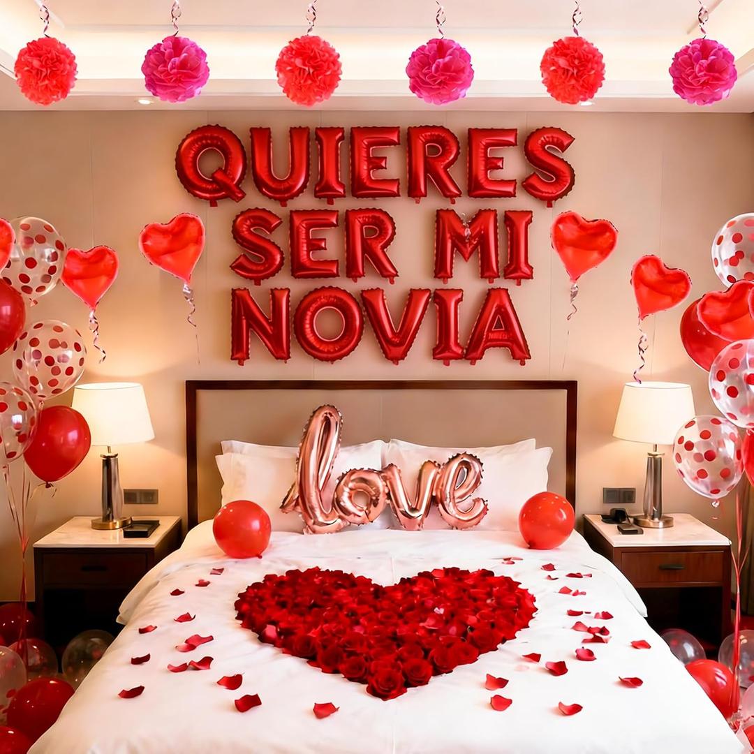 Red 16" Quieres Ser Mi Novia Balloons Letters Set- 10Pcs Heart Balloons, LOVE Alphabet Foil Mylar Balloons with 1000 Pcs Artificial Rose Petals for Valentines Day Decorations