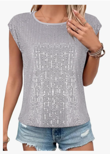 JASAMBAC Women's Sparkle Sequin Tops Shimmer Glitter Loose Cold Shoulder Party Tunic Batwing Dolman Dressy Tops L