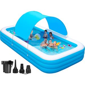 Large Inflatable Pool with Canopy - 145'' x 74'' x 22'' Oversized Thickened Blow Up Pool for Family, Extra Large Swimming Pool with Pump for Backyard, Garden and Outdoor Fun