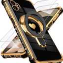 for Samsung Galaxy XCover7 Pro Love Heart Kickstand Case with 2X Screen Protector: Luxury Plated Gold Edge Slim Soft TPU Shockproof Protection Case Cover for Galaxy XCover7 Pro (Black)