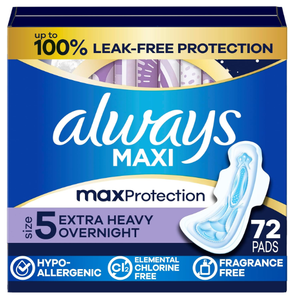 Always Maxi Overnight Pads with Wings, Size 5, Extra Heavy Overnight, Unscented, 72 Count
