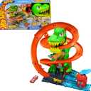 Hot Wheels Toy Car Track Set, City T-Rex Blaze Battle Playset & 1:64 Scale Die-Cast Vehicle, 18 Tall, Multiple Race Outcomes, Spinning Dinosaur Eyes