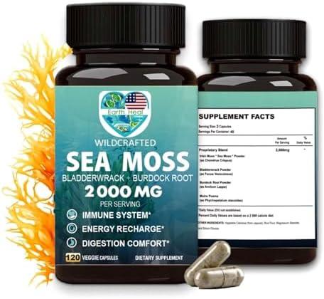 Earth Heal Vitamins Sea Moss Capsules - Irish Sea Moss Fusion Blend with Burdock Root, Bladderwrack & Muira Puama - Immune Support, Digestion, and Sustained Energy - 120 Irish Seamoss Pills,Set of 3.BBD 05/03/2026.
