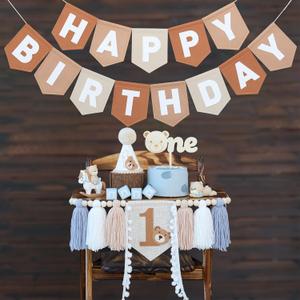 Bear First Brown Felt Happy Birthday High Chair Banner Pre-strung Birthday Hanging Decoration With Birthday Hat One Cake Topper For 1st Birthday Party Decor (blue gray brown white)