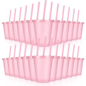 24 Pcs Plastic Tumblers with Lids and Straws, Reusable Cups with Lids Plastic Colorful Cups for Party Birthday, Iced Coffee Cup Travel Mug Cold Drink Tumblers Bulk (16 oz, Light Pink)