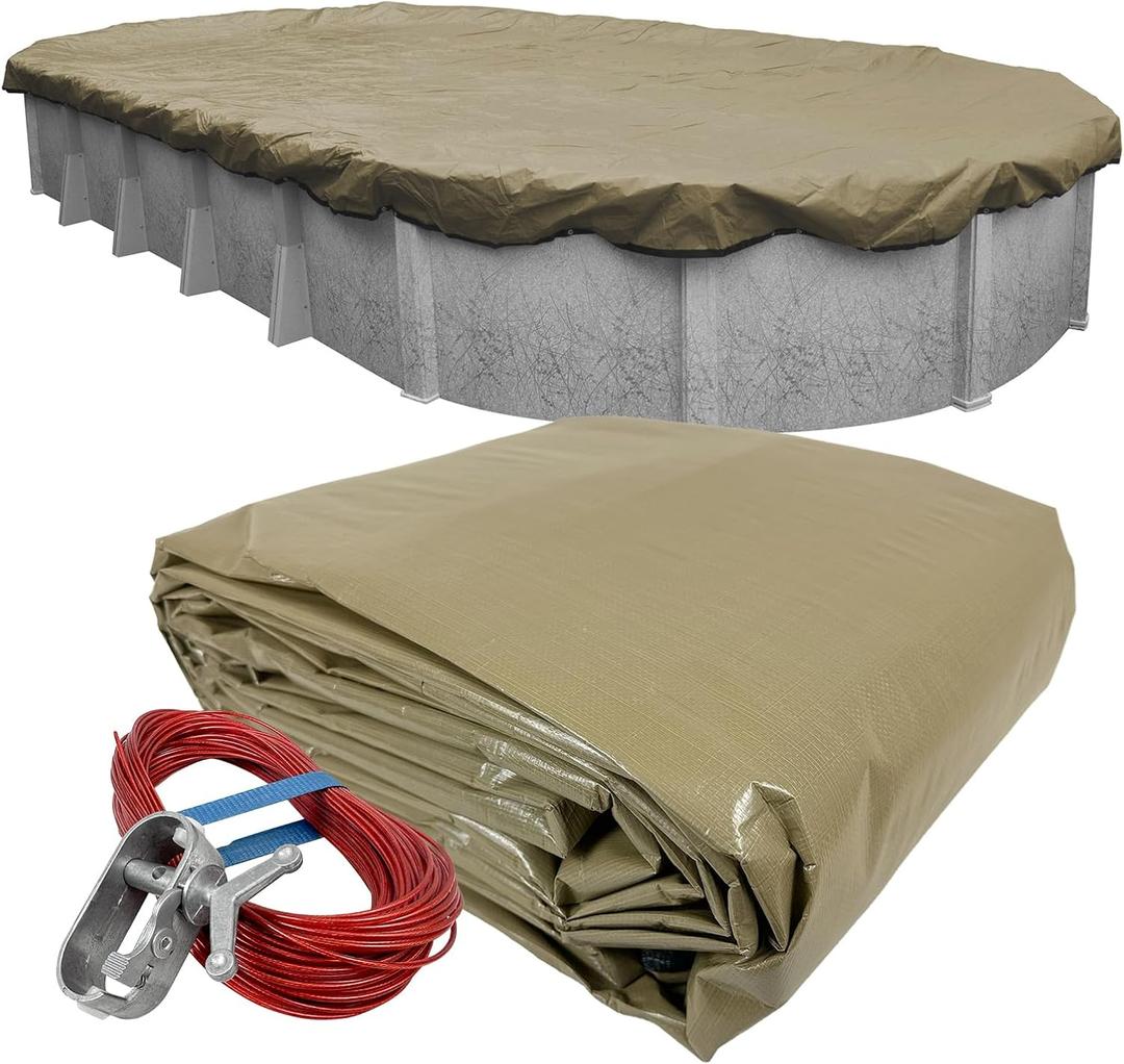 Robelle 15 x 27 ft Industrial Superior Oval Cover for Above Ground Pools | Taupe Pool Cover, 4 ft Overlap (19 x 31ft Cover Size), Solid 14 x 12 Scrim, 4.5 oz/yd2, Style: 601527-4A
