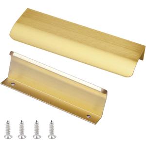 JOOJA 10 Pack Modern Style Finger Edge Pull Furniture DrawerHandles Hidden Cabinet Kitchen Drawer Handles Knobs, Brushed Brass 200(160) mm