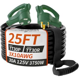 PlugSaf 25 FT 30 Amp RV Extension Cord Outdoor, Flexible Heavy Duty 10/3 Gauge STW RV Power Cord Waterproof with Cable Organizer, NEMA TT-30P to TT-30R, Black-Green, ETL Listed