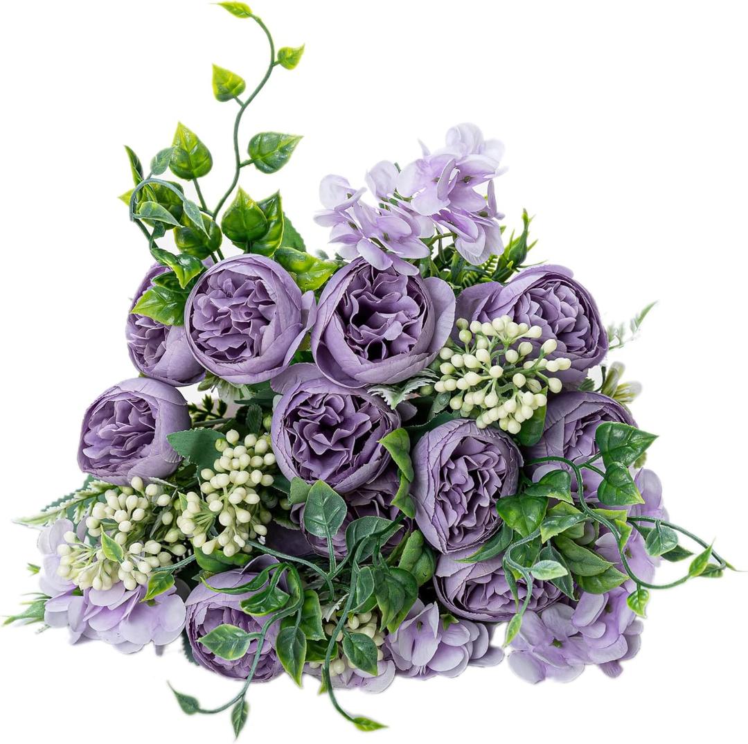 KAOYOO 4 PCS Artificial Peony Bouquet Short Stem for DIY Wedding Decoration Bridal Bouquet Home Decorations(Purple 4-PCS)