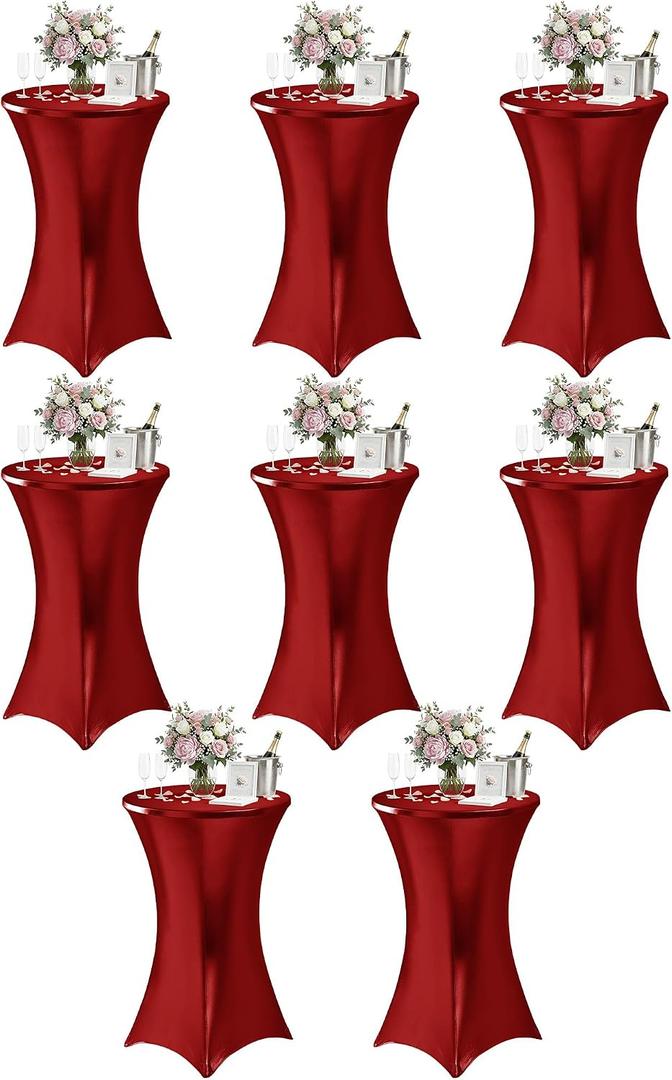 Cocktail High Top Table Covers - 32x43 Inch Fitted Spandex Round Cocktail Tablecloth for Bar Height Standing Table Cloths Reusable, for Party Wedding Banquet Event Decorations, Shiny Red, 8 Pack