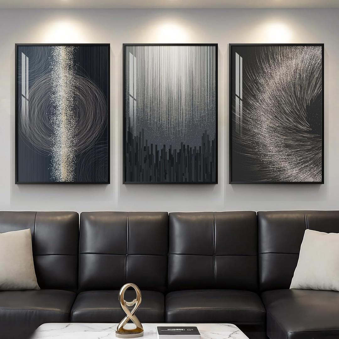 Large Framed Black Silver Modern Abstract Wall Art for Living Room, 3 Piece Elegant Luxury Art Prints Paintings Artwork for Walls, Glitter Pictures for Entryway Dining Room Bedroom Wall Decor 24x36 In