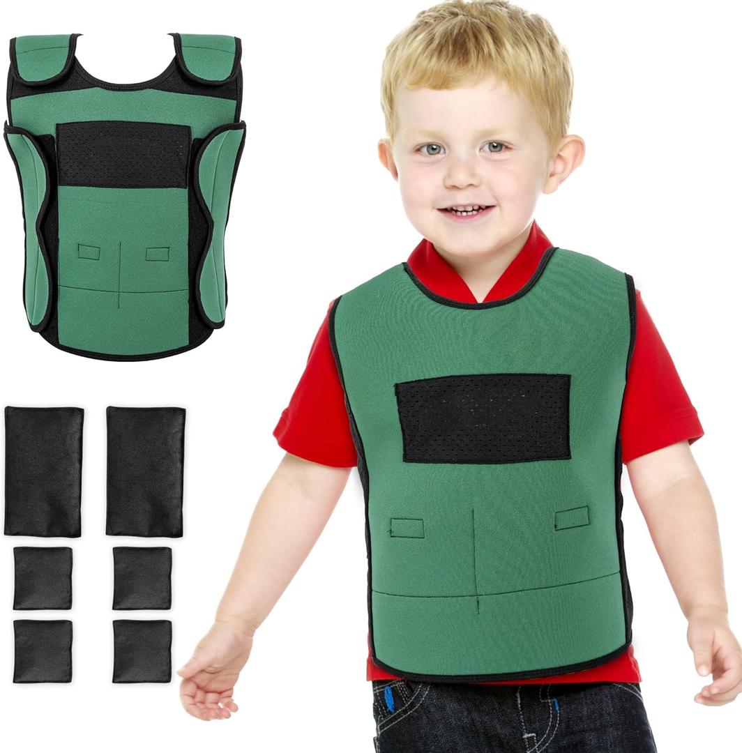 OUTREE Weighted Vest for Kids with Sensory Needs (Small, Ages 3-4), Compression Vest for Kids with ADHD and Autism, Weighted Vest Including 6 Removable Weights, Breathable Mesh Design (Green)