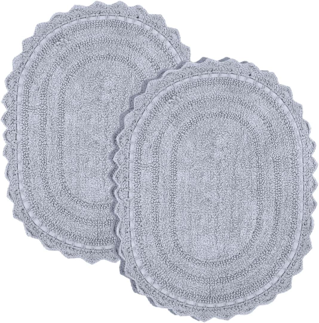 RAJRANG Cotton Bathroom Rug Light Grey Oval 24x17 Inches Pack of 2 Crochet Reversible Boho Bath Mat for Home Dcor