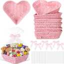 6 Pcs Heart Woven Gift Baskets with Bags Ribbons, 10.6 x 10 x 2.75 in Rope Heart Baskets for Gifts, Bread, Fruit, Serving Trays for Parties, Weddings, Mother's Day(Pink)