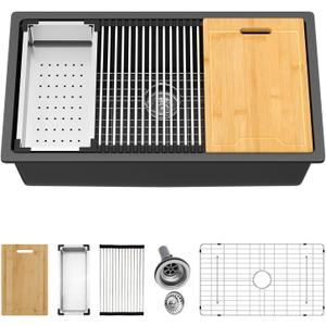 Kichae 32 inch Granite Composite Undermount Kitchen Sink - 32 x 19 Single Bowl Kitchen Sink Matte Black Quartz Workstation Kitchen Sink