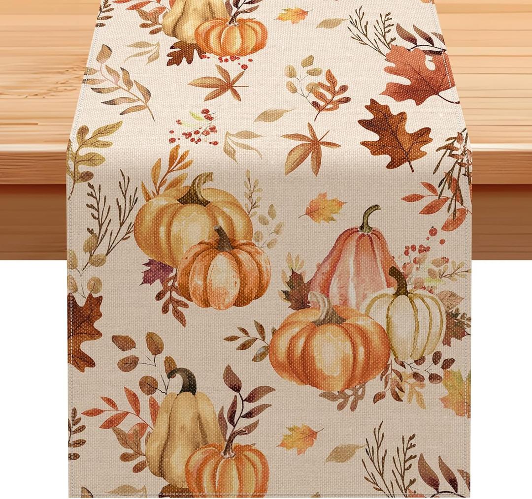 Fall Table Runner, Pumpkin Maple Leaf Thanksgiving Table Runner, 13x72 Inch Autumn Harvest Farmhouse Style Tabletop Decoration for Dining Holiday Party Decor (Pumpkin-B)