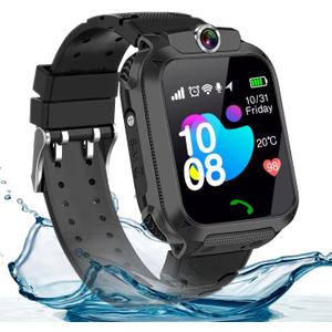 Kids waterproof smart watch, SIM card for make and receive calls, with Puzzle games, touch screen, HD camera, Music Player, GPS position, suitable for children aged 3-12, Best gift for Kids (Black)
