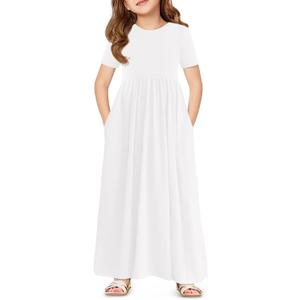 Haloumoning Girls Maxi Dress Short Sleeve Casual Holiday Summer Dress with Pockets for 13-14 Years