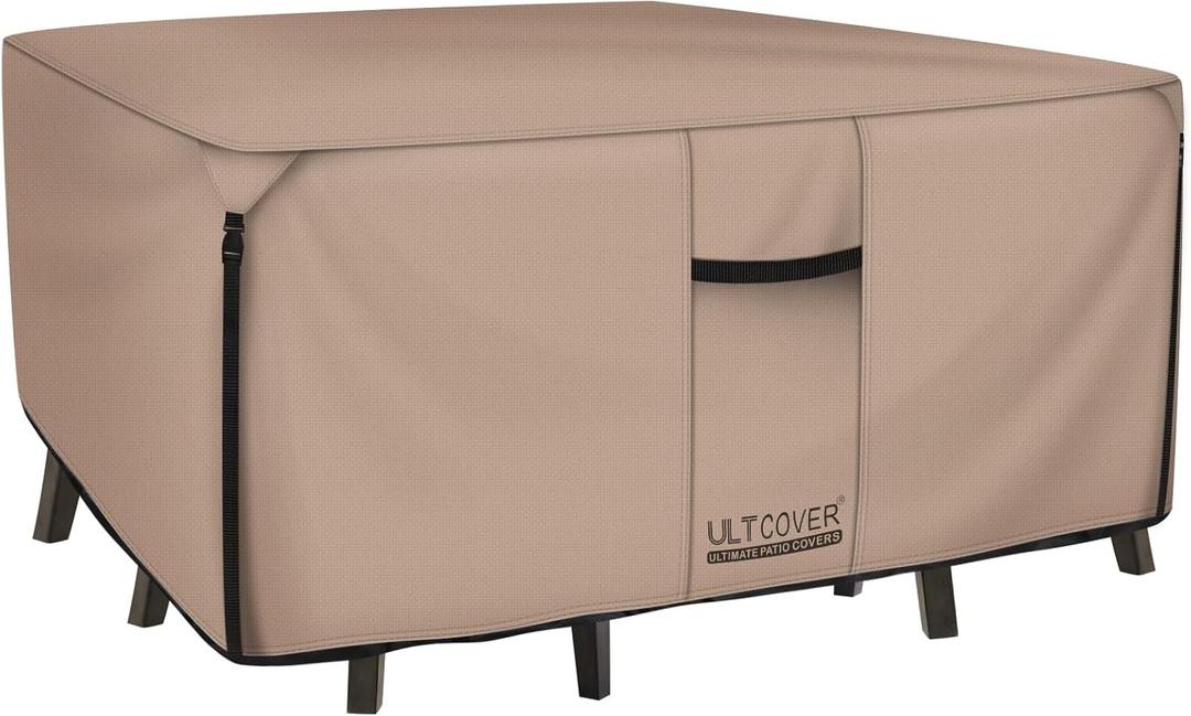 ULTCOVER Square Patio Heavy Duty Table Cover - 600D Tough Canvas Waterproof Outdoor Dining Table and Chairs General Purpose Furniture Cover Size 86 inch (Square 86"(L)x86"(W), Brown)