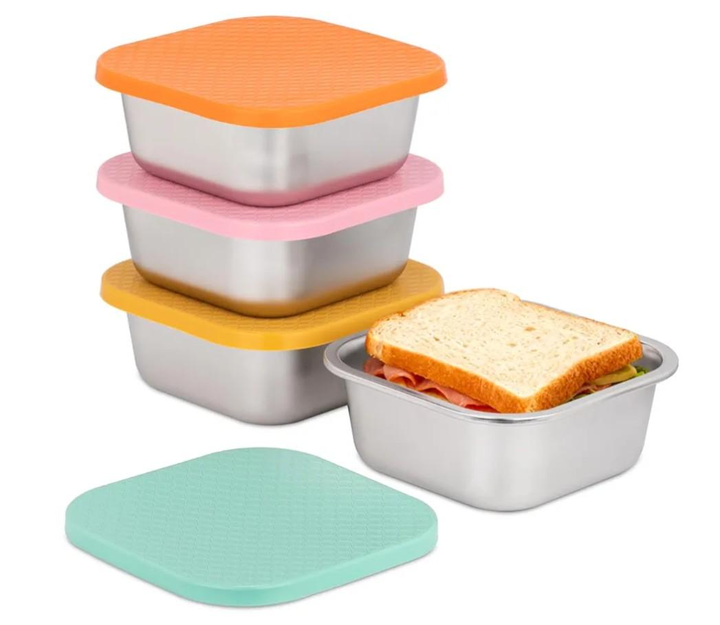 4 Pack Sandwich Containers: 30oz Stainless Steel Lunch Box with Silicone Lids, Meal Prep Container Reusable Metal Sandwiches Food Storage for Kitchen & Office Salad Snacks Fruits