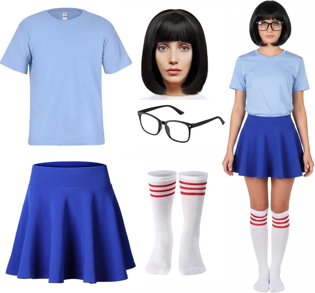 Crowye 6 Pcs Halloween Costume Nerd Glasses for Women Black Bob Wigs Blue Short Sleeve Shirts Skater Skirts Striped Socks (Blue, M)
