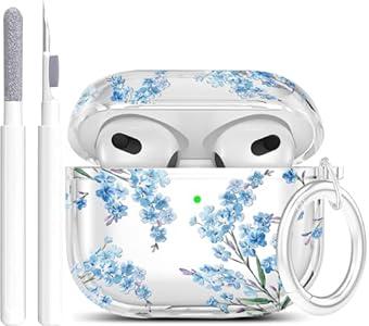 Wonjury Clear Case Compatible with Airpods 3 Case Cover, Wonjury Protective Floral Case Cover with Keychain Compatible with Airpods 3 Generation (2021 Released), Front LED Visible, Blue Flower
