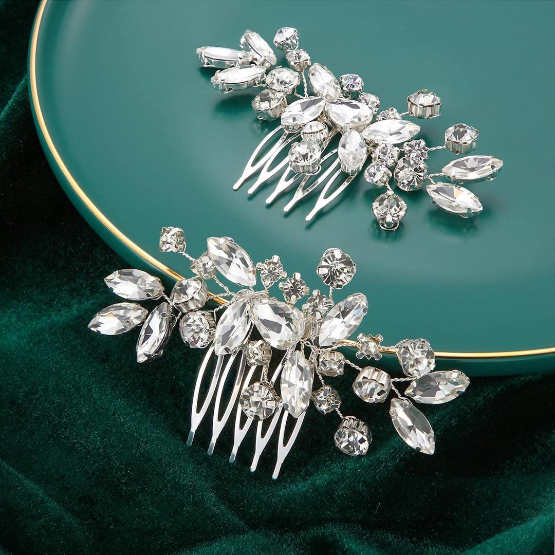 2 Pcs Bridal Wedding Hair Comb Rhinestone Silver Bridal Side Comb Crystal Rhinestone Hair Accessories for Women and Girls
