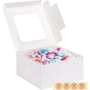 Moretoes 4 Pack Cake Boxes with Window, 10x10x5 Inches White Bakery Containers, 10 Inch White Cake Carrier, Disposable Bakery Boxes for Valentine's Day Mother's Day Cake Cupcake Cookie Pie Pastry