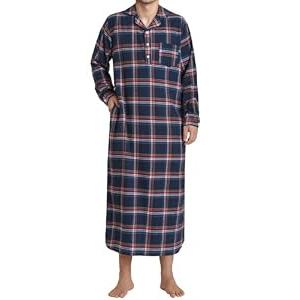 Pintage Men's Flannel Nightshirt Long Cotton Nightgown with Pockets 3XL Navy Red Plaid