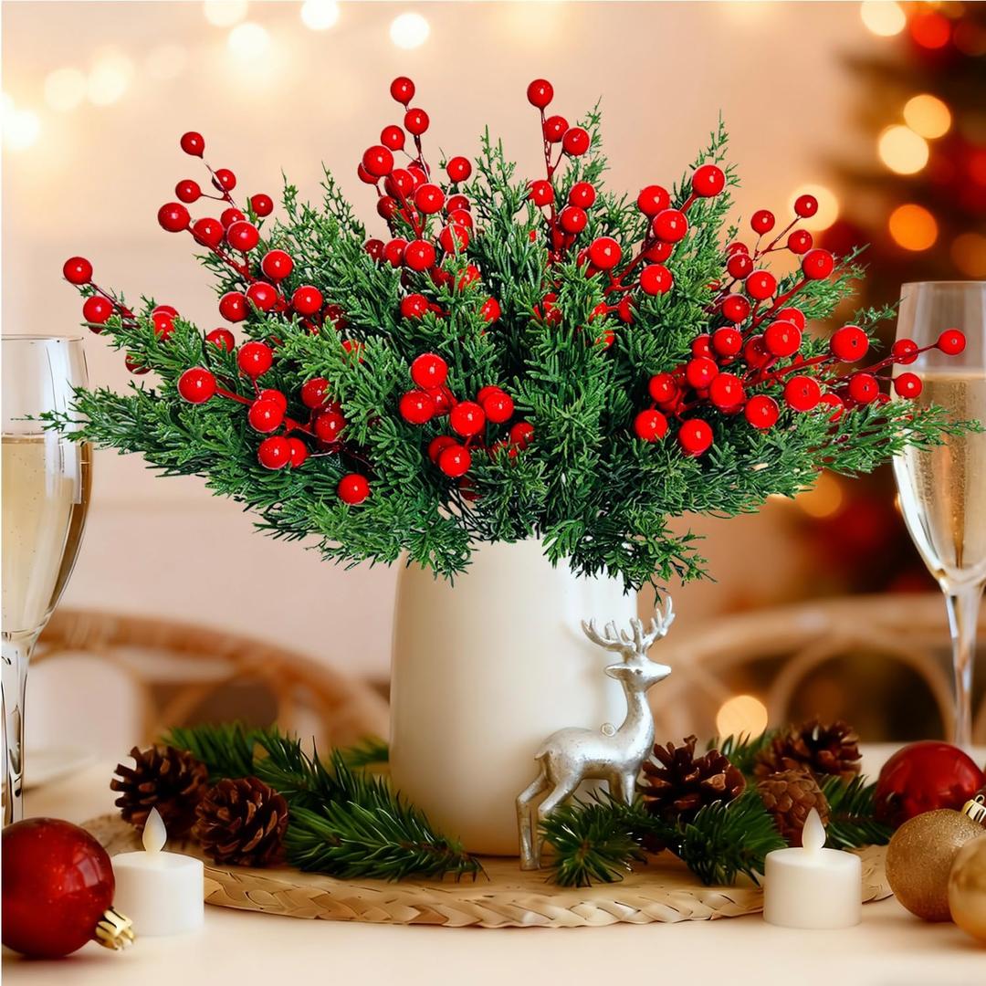 60Pcs Christmas Artificial Pine Branches with Big Red Berry Stems,10" Faux Evergreen Norfolk Pine Cypress Leaves Stems,Fake Foliage Pine Picks Faux Greenery Stems for DIY Craft Garland Xmas Home Decor