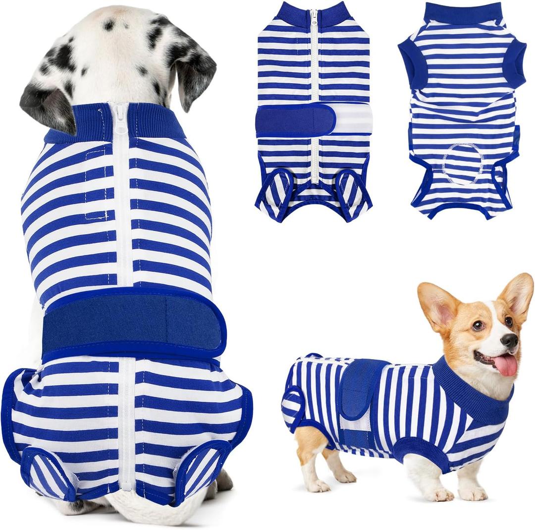 Lukovee Recovery Suit for Dogs, Zipper On Recovery Suit for Female Male Dog, Onesie Abdominal Wounds Cone E-Collar Alternative Prevent Licking Spay Recovery Suit (Medium, Blue & White)