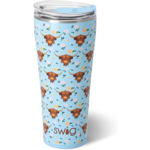 Swig Life 32oz Insulated Tumbler, Travel Coffee Tumbler with Lid, Cup Holder Friendly Travel Coffee Mug, Stainless Steel Thermos, 32 oz, Reusable Insulated Mug with Lid (Holy Cow)