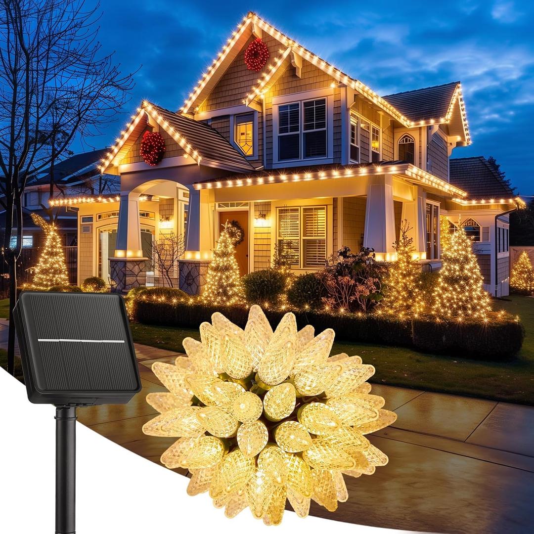 Solar Christmas Lights Outdoor, 50 LED C9 Strawberry String Light with Timer & 8 Light Mode, Waterproof Solar Christmas Tree Lights for Outside Garden Patio Party Christmas Decoration, Warm White