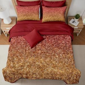 7 Pcs Queen Size Comforter Set with Pillowcases & Shams, Glitter Gold and Red Ombre Pattern Bedding, Luxurious Bed in a Bag with Flat and Fitted Sheets for Elegant Bedroom Décor