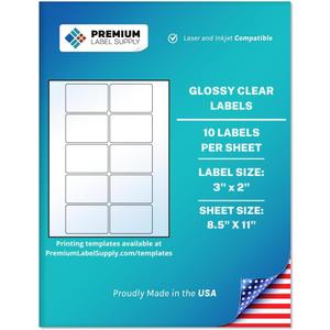 Premium Label Supply Glossy Clear Sticker Labels – 3" x 2" – Laser/Inkjet Compatible – (10 per Sheet), 25 Sheets – 250 Total Adhesive Labels