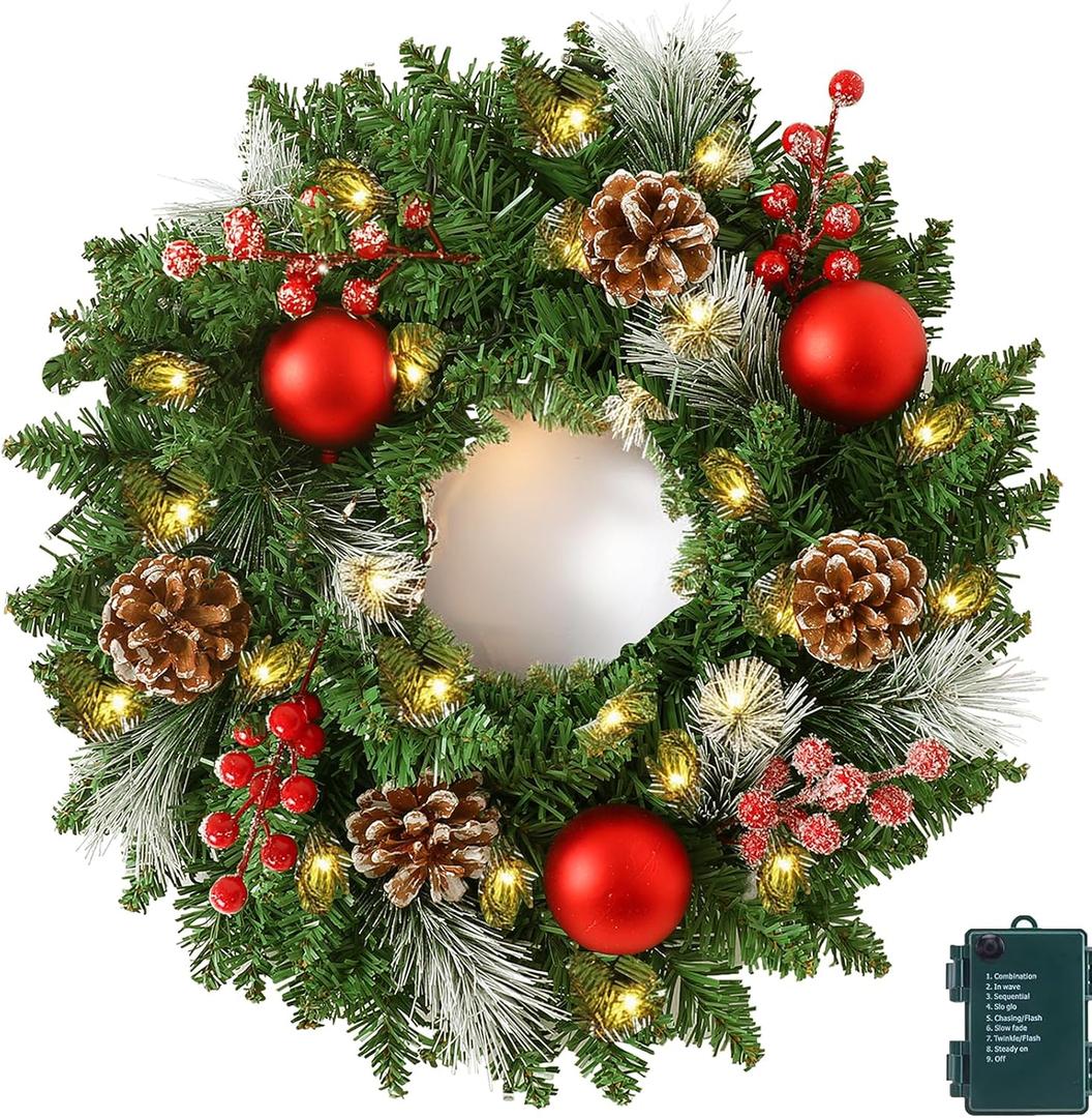 15 Inch Pre-Lit Artificial Christmas Wreath for Front Door, Christmas Door Decorations Wreath with LED Warm Lights, Balls, Pine Needles, and Red Berries Wall Windows Ornament