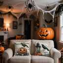 Halloween Throw Pillow Covers Set of 2  18x18 Inch Happying Haunting Quote Crow and Pumpkin Design, Double-Sided Print Decorative Cushion Covers for Couch Sofa Bed, Rustic Gothic Fall Decor