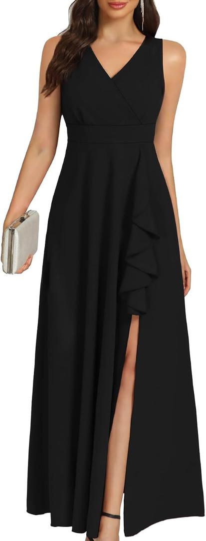 COOAN Women's Black Long Formal Dresses Cocktail Wedding Guest Dress Ruffle Split Elegant V Neck Party Gowns (Black, XL)