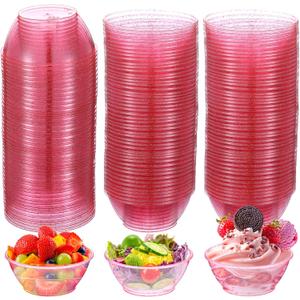 100 Pack Disposable Clear Plastic Bowls for Party 6oz Hard Plastic Salsa Dessert Ice Cream Candy Fruit Small Glitter Bowls for Wedding Baby Shower Birthday Party (Pink)
