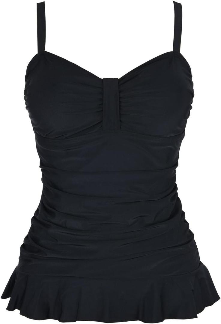 Hilor Women's 50's Retro Ruched Tankini Swimsuit Top with Ruffle Hem Bathing Suit Top Tummy Control Swim Tops (6, Black)