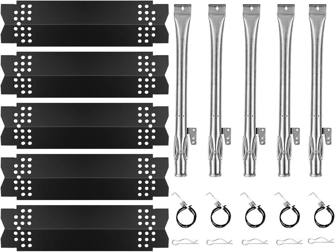 Set of 5 Grill Heat Plates and 5 Burner Tubes with Igniter Electrode Replacement Parts for Nexgrill 5 Burner 720-0888 720-0888N 720-0882S Grill Replacement Parts for Nexgrill Gas Series