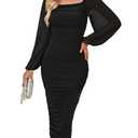 ZESICA Women's Sexy Ruched Bodycon Midi Dress Long Puff Sleeve Square Neck Backless Cocktail Party Wedding Dresses,Black,XX-L