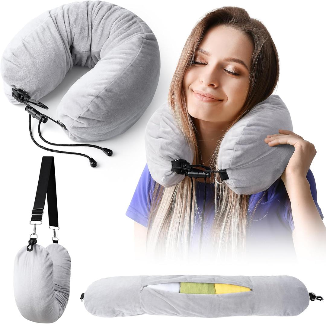 Stuffable Neck Pillow for Travel, Neck Pillow for Extra Luggage Storage Ideal 1-3 Days Travel Essentials, Adjustable U-Shapes Airplane Pillow Size, Soft Velvet Cover, No Filler, Grey