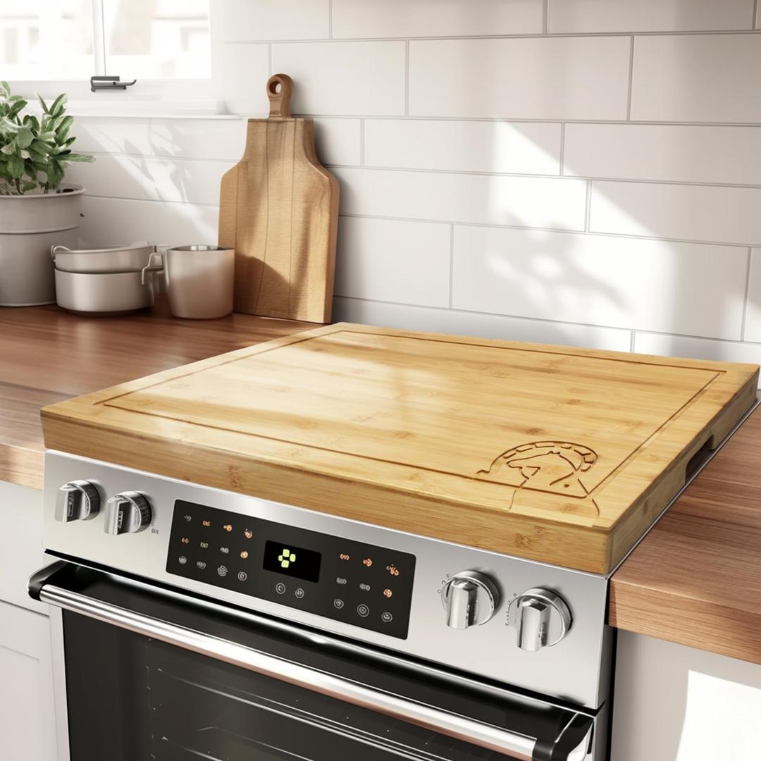 Mismo Sol Noodle Board Stove Cover,Bamboo Wood Stove Top Covers for Electric Stove & Gas Burners,Sink Cover,Heavy-Duty Construction (Horseshoe Pattern)
