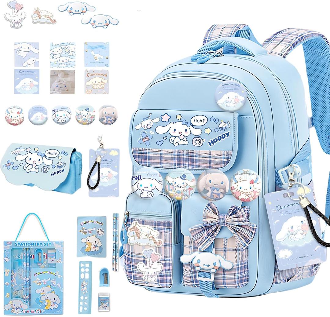 Kawaii Backpack with 22Pcs Accessories Anime Cartoon Anti-Theft Travel Aesthetic New Semester Gifts Bag with Cute Pin